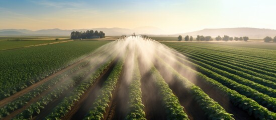 High quality drone photo of potato field with impressive irrigation system Copy space image Place for adding text or design - obrazy, fototapety, plakaty