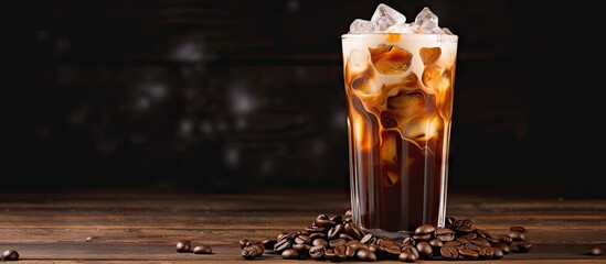 Iced coffee with cream and beans on a rustic wooden table Cold drink on black background with space...