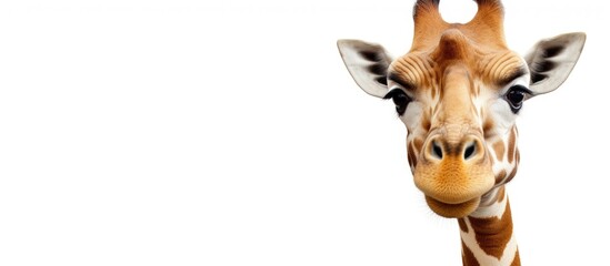 Funny looking giraffe head isolated on white background Copy space image Place for adding text or design - obrazy, fototapety, plakaty
