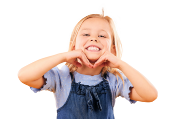Happy, smile and portrait of girl child with cute, joy and excited attitude with confidence. Fashion, childhood and hands on face of kid in fun or trendy outfit isolated by transparent png background
