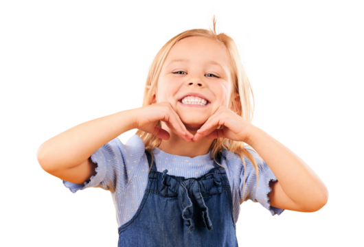 Happy, smile and portrait of girl child with cute, joy and excited attitude with confidence. Fashion, childhood and hands on face of kid in fun or trendy outfit isolated by transparent png background