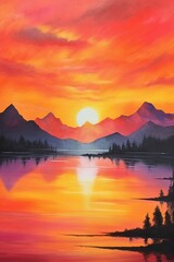 A breathtaking sunrise scene, vibrant colors of oranges, reds, yellows, and purples painting the sky