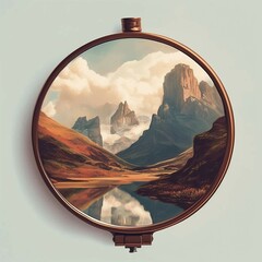 A breathtaking mountain landscape with a compact mirror reflecting the scenic view