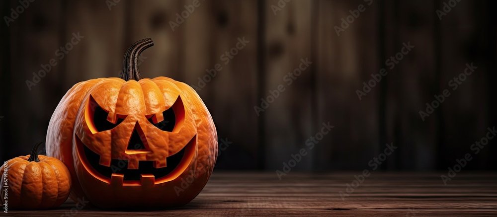 Poster jack o lantern on wood background copy space image place for adding text or design