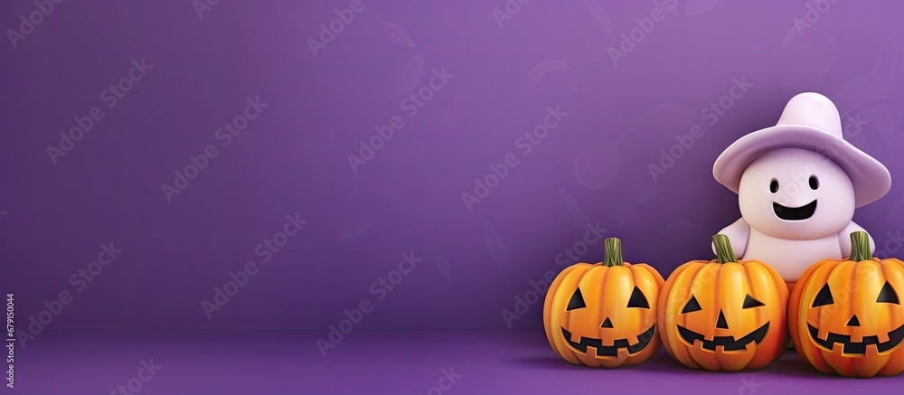 Poster halloween pattern with adorable pumpkin hat ghost on purple background copy space image place for ad