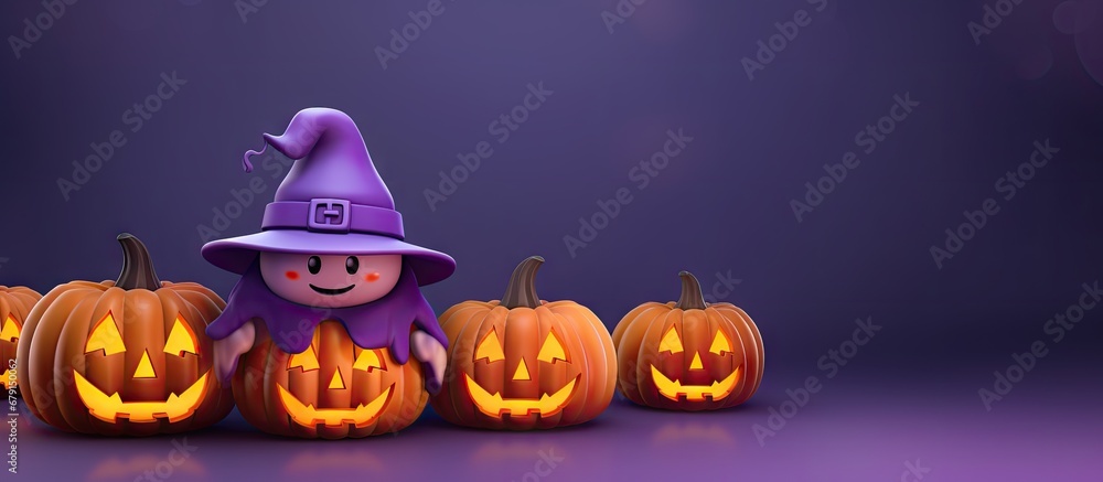 Poster halloween pattern with adorable pumpkin hat ghost on purple background copy space image place for ad