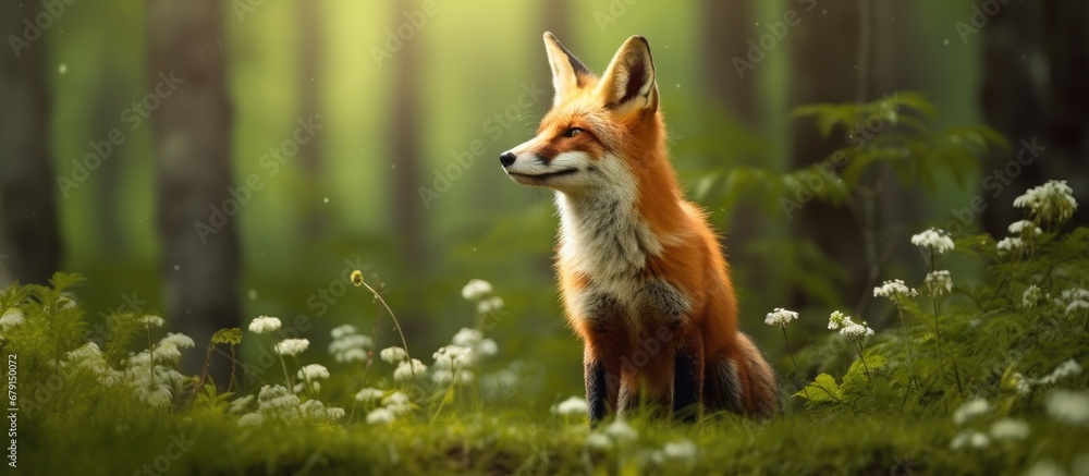 Poster gorgeous red fox in spring forest natural wildlife scene copy space image place for adding text or d