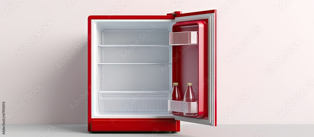 Poster isolated red plastic front view of an open thermos fridge copy space image place for adding text or 