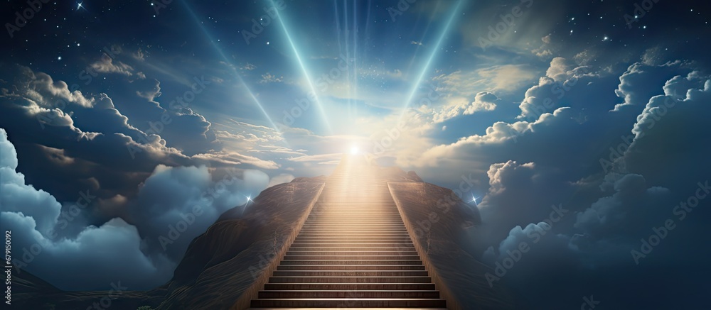 Poster heavenly staircase artwork glowing upward copy space image place for adding text or design