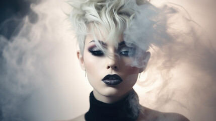 Naklejka premium Fashion portrait of sensual female model with smoke dispersion. head with stylish hairstyle in tobacco smoke