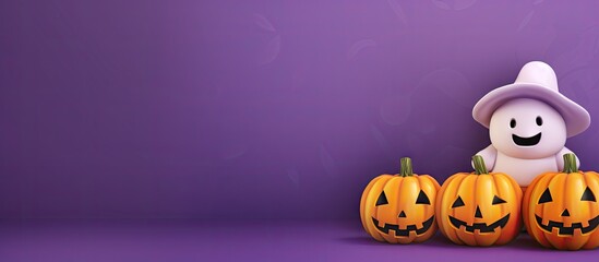 Halloween pattern with adorable pumpkin hat ghost on purple background Copy space image Place for adding text or design