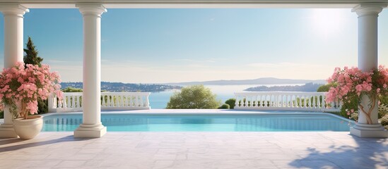 Gorgeous home with veranda view of pool on a sunny day Copy space image Place for adding text or design - obrazy, fototapety, plakaty