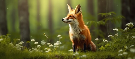 Naklejka na ściany i meble Gorgeous red fox in spring forest natural wildlife scene Copy space image Place for adding text or design