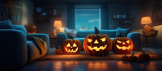 Halloween party with pumpkins in 3D rendered living room Copy space image Place for adding text or design