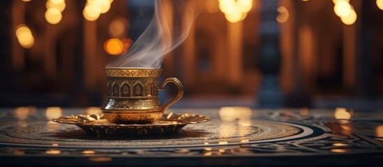 Image of Arab coffee in mosque Copy space image Place for adding text or design - obrazy, fototapety, plakaty