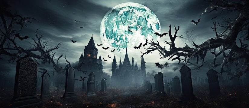 Halloween concept with a rising zombie at night surrounded by bats and a graveyard Copy space image Place for adding text or design