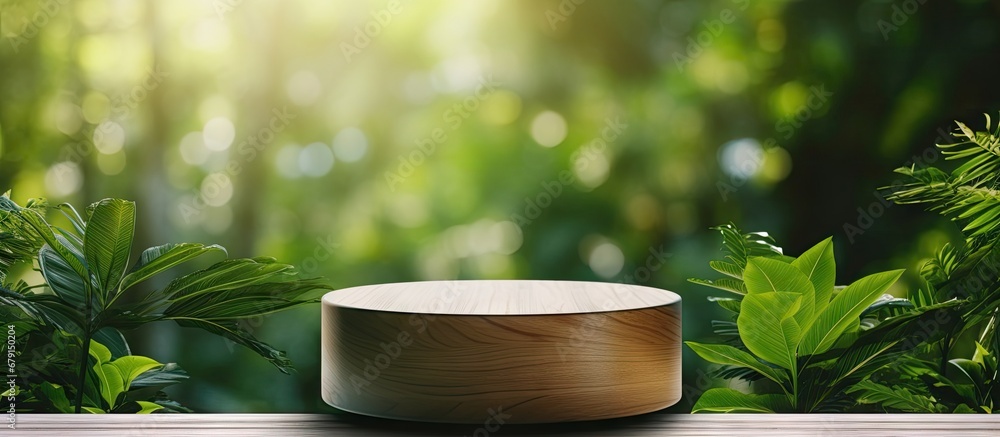 Aufkleber green leafy forest background with a podium for product display copy space image place for adding te
