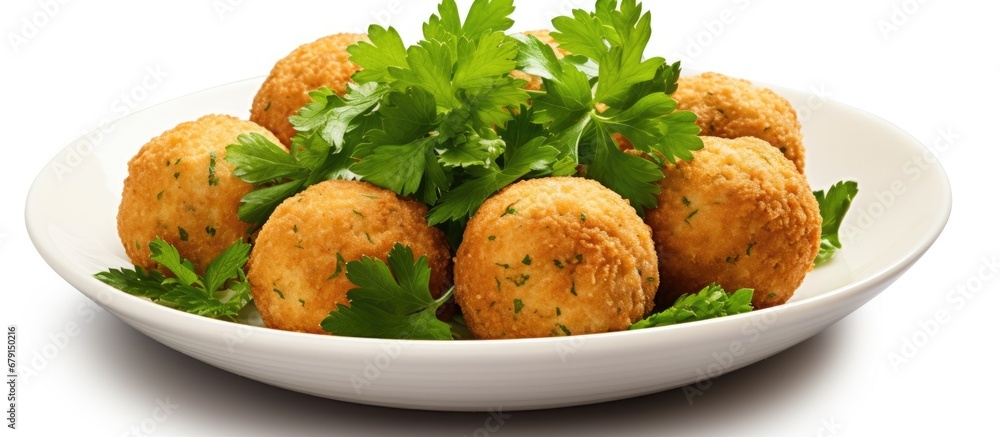 Poster fried falafel and parsley on white background copy space image place for adding text or design