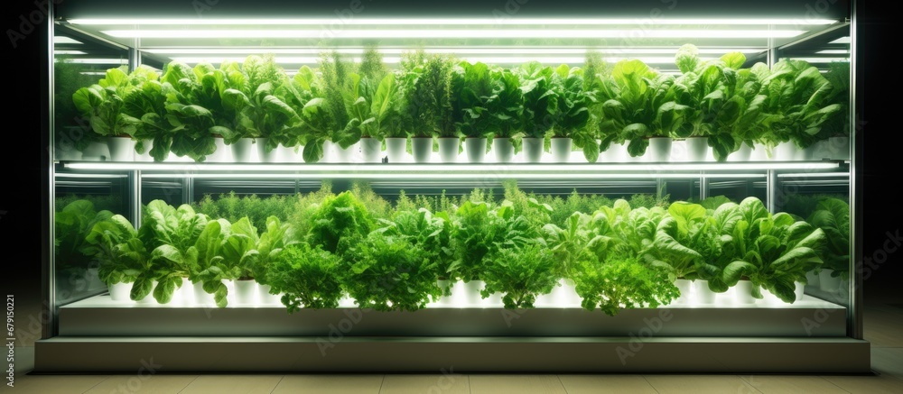 Poster hygienic and healthy indoor vertical farming of organic vegetables using led lights copy space image