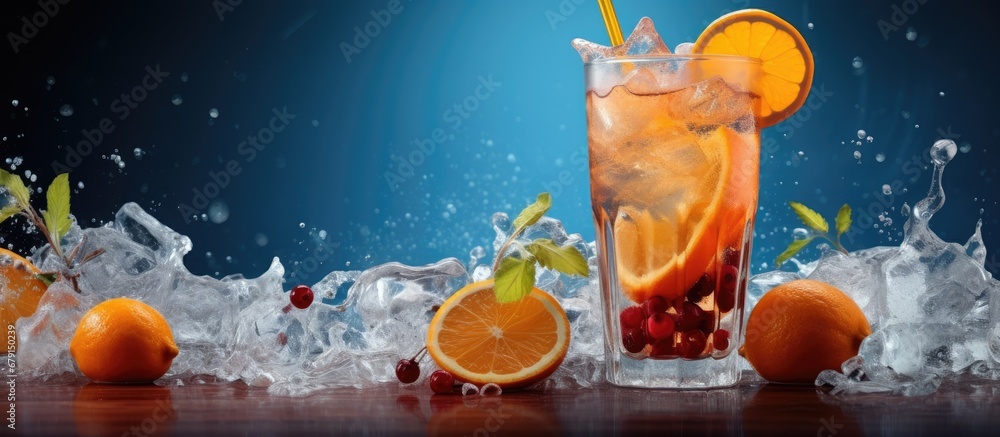Poster fruit topped chilled beverage with ice copy space image place for adding text or design