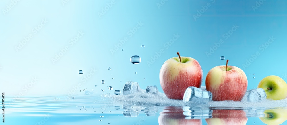 Poster fruit weights and liquid on pale blue backdrop copy space image place for adding text or design