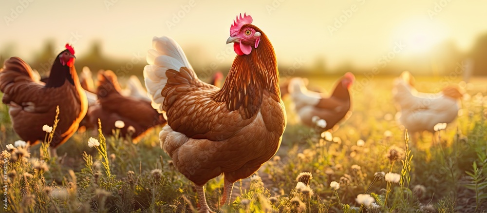 Poster hens grazing on grass in a free range organic farm copy space image place for adding text or design