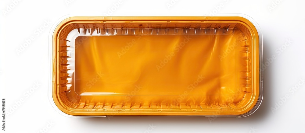Aufkleber isolated plastic food box with detachable lid with clipping path seen from above on a white backgrou
