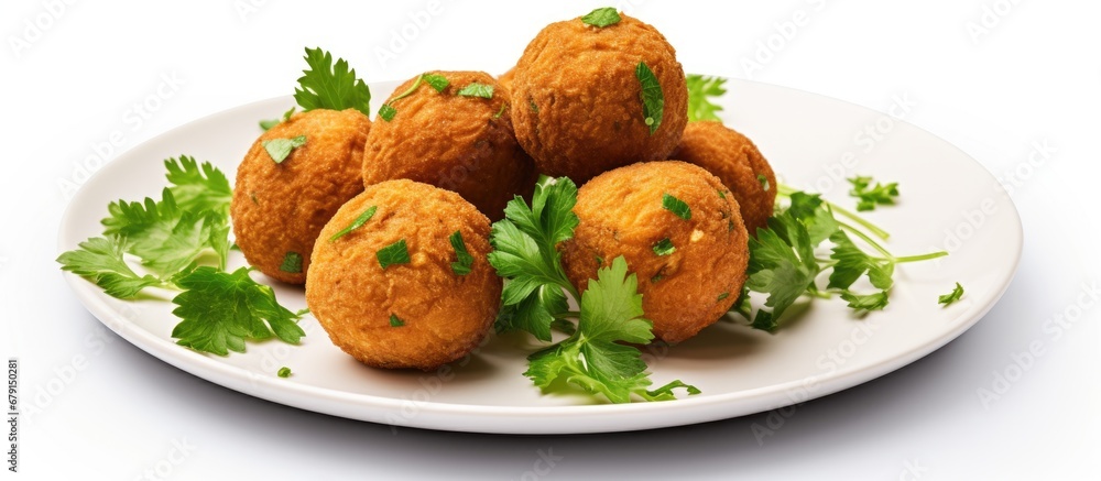 Poster fried falafel and parsley on white background copy space image place for adding text or design