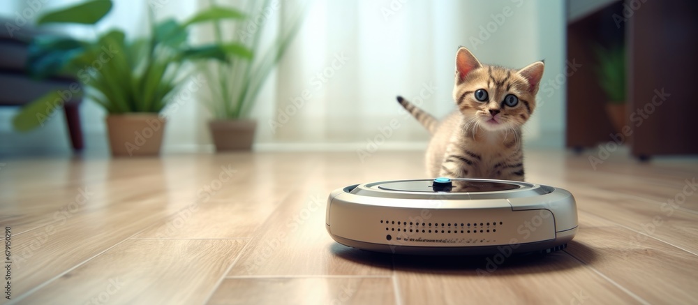 Poster kitten plays with a robot vacuum cleaner while doing housework with smart technology at home copy sp