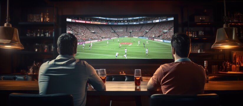 Friends in sports bar watching game on screens from behind Copy space image Place for adding text or design