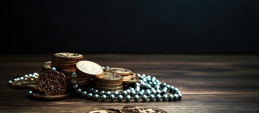 Islamic finance displayed alongside religious artifacts Copy space image Place for adding text or design