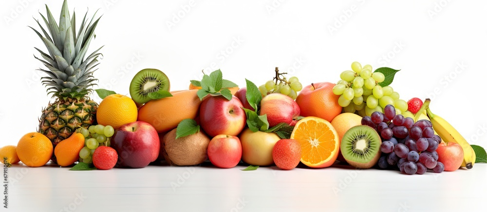 Poster high quality product photo of various organic fruits on a white background with copy space copy spac