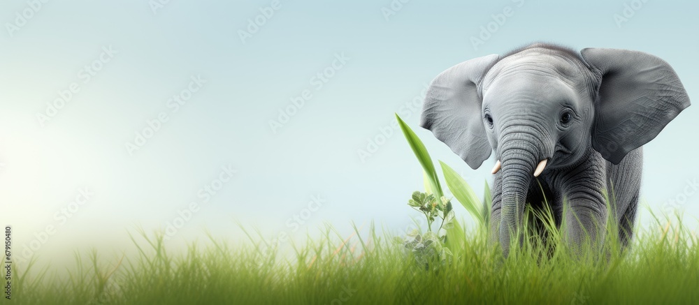 Poster front view of a baby elephant munching on grass copy space image place for adding text or design