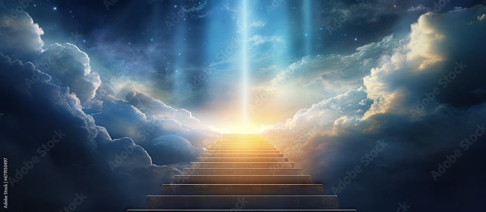 Poster heavenly staircase artwork glowing upward copy space image place for adding text or design