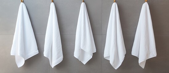 Hanging white towels ready Copy space image Place for adding text or design - obrazy, fototapety, plakaty