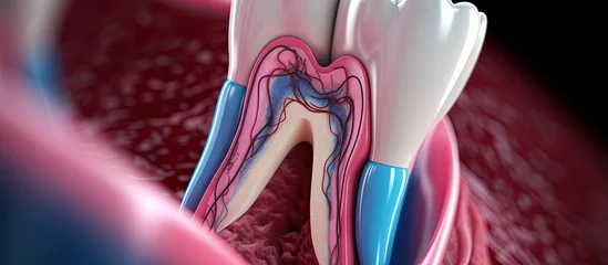 Fotobehang Illustration of conventional periodontal therapy Scaling and root planing performed through open curettage shown in 3D Copy space image Place for adding text or design © Ilgun