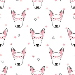 Seamless cute bull terriers pattern. Vector funny dogs illustration. Nursery print