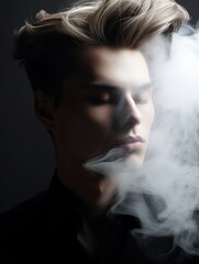 Fashion portrait of sensual male model with smoke dispersion. head with stylish hairstyle in tobacco smoke