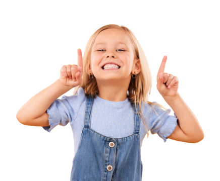 Happiness, portrait and kid girl pointing up at advertising news, discount deal or show youth promo, direction or commercial. Announcement, info and child isolated on transparent, png background