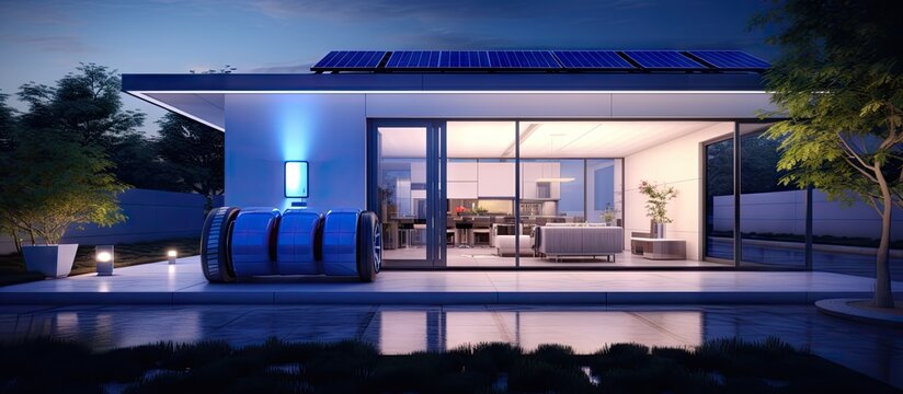 Futuristic 3D rendering of a home battery in a garage on a quiet street Copy space image Place for adding text or design