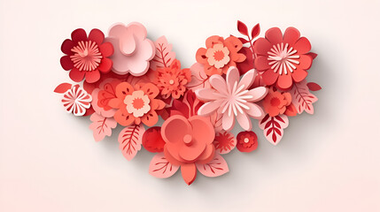 Paper cut art style, pink or coral voluminous paper hearts from flowers. Valentine card or invitation card template, banner. Generate Ai.