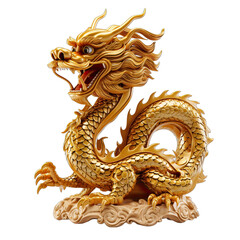 Naklejka premium Golden Chinese Dragon Figurine Isolated on Transparent or White Background, PNG