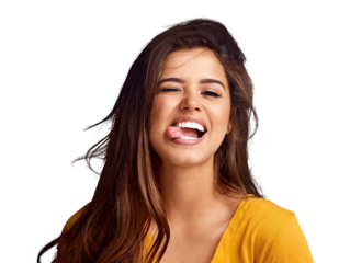 Portrait, tongue and wink with a playful woman isolated on a transparent background for emoji expression. Funny face, smile and flirt with a cute young gen z person on PNG for comedy or humor