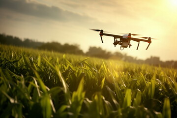 drone helicopter spray pesticide on agricultural field - Powered by Adobe