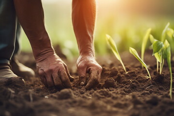 farmer hand planting seed in agricultural field - obrazy, fototapety, plakaty