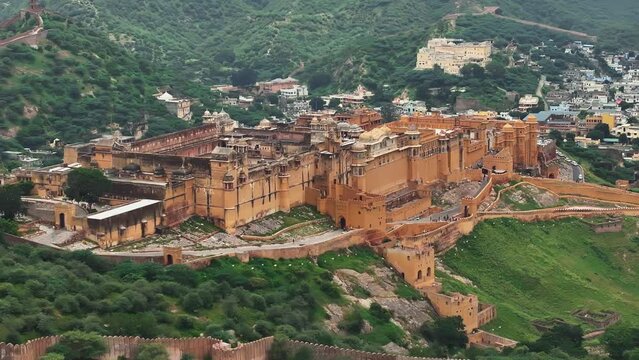 Aerial view of Amer Fort. Amber Fort or Amer Fort in Jaipur, India. Mughal architecture medieval fort made of yellow sandstone. Architecture of India. Jaipur, Rajasthan, India.
