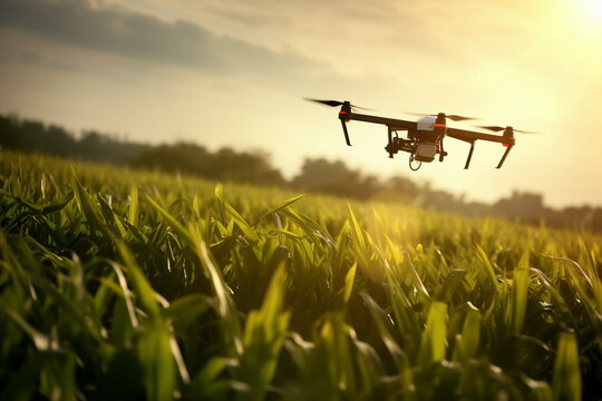 drone helicopter spray pesticide on agricultural field