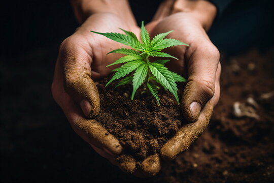 man hand hold in palm cannabis seed in soil
