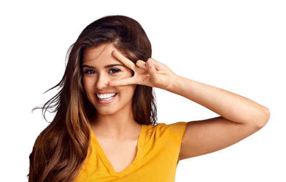 Woman, portrait and smile with peace hand for fun emoji or motivation isolated on png transparent background. Person, face and happy with v sign, symbol or review with confidence, excited and joy