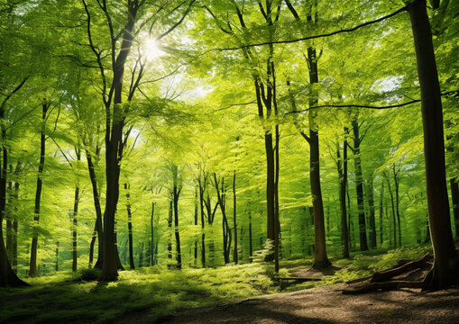 Spring beech forest in vivid shades of fresh green